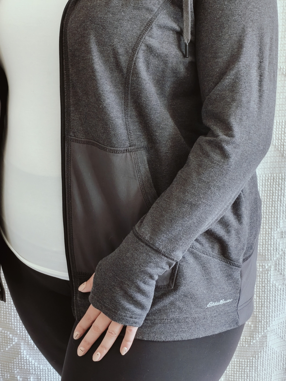 Eddie Bauer Grey Mixed Media Running Hoodie w/ Thumbholes Front Pocket Size 2XL